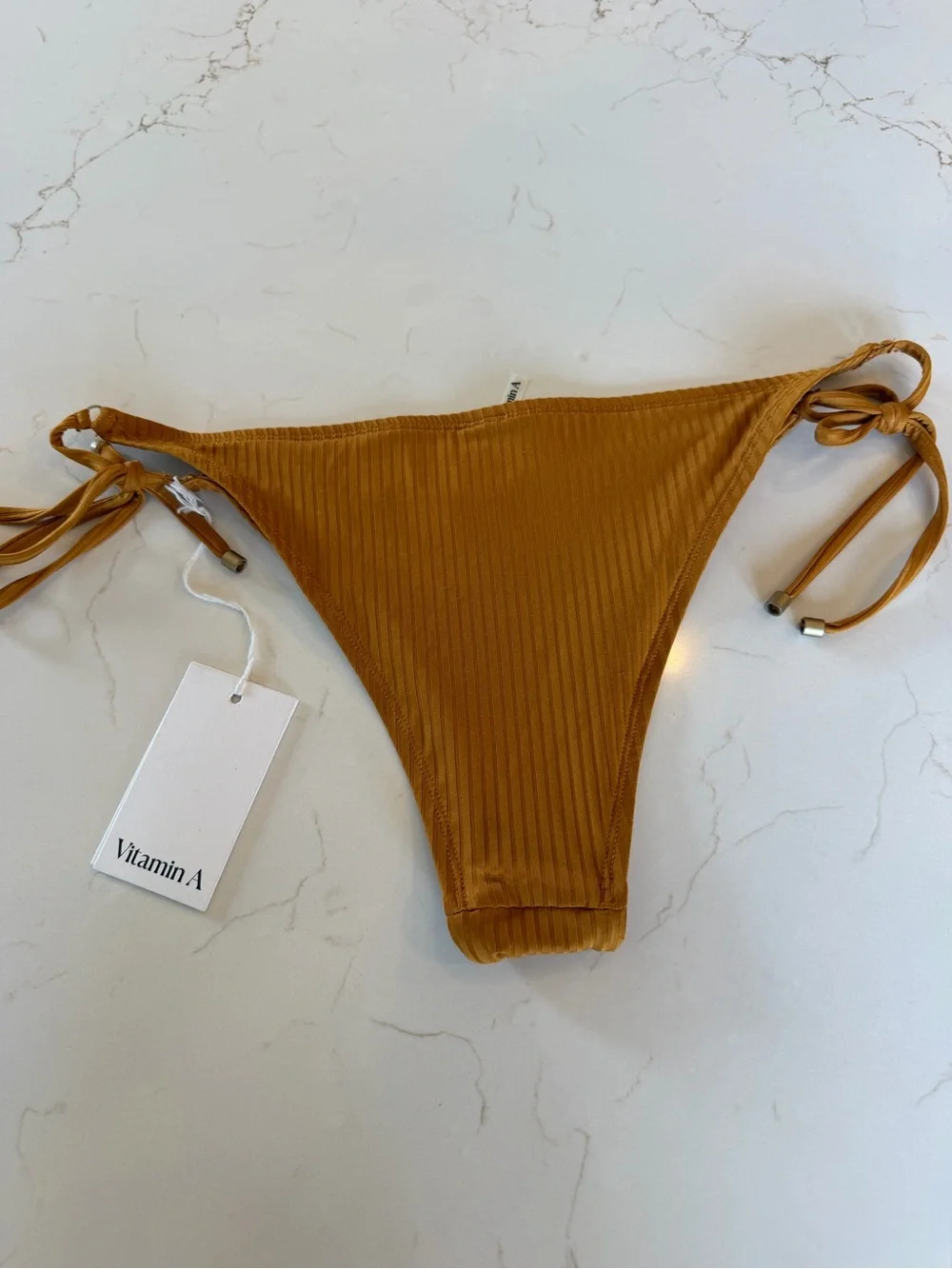 NWT Vitamin A Mustard Ribbed Tie-Side Bikini Bottom Retail $120 / LG